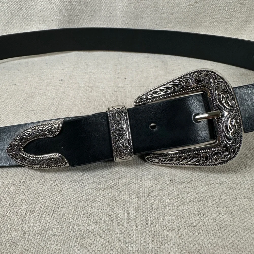 Black‎ Double Buckle Western Belt Silver Ornate Engraved Floral Vegan Leather